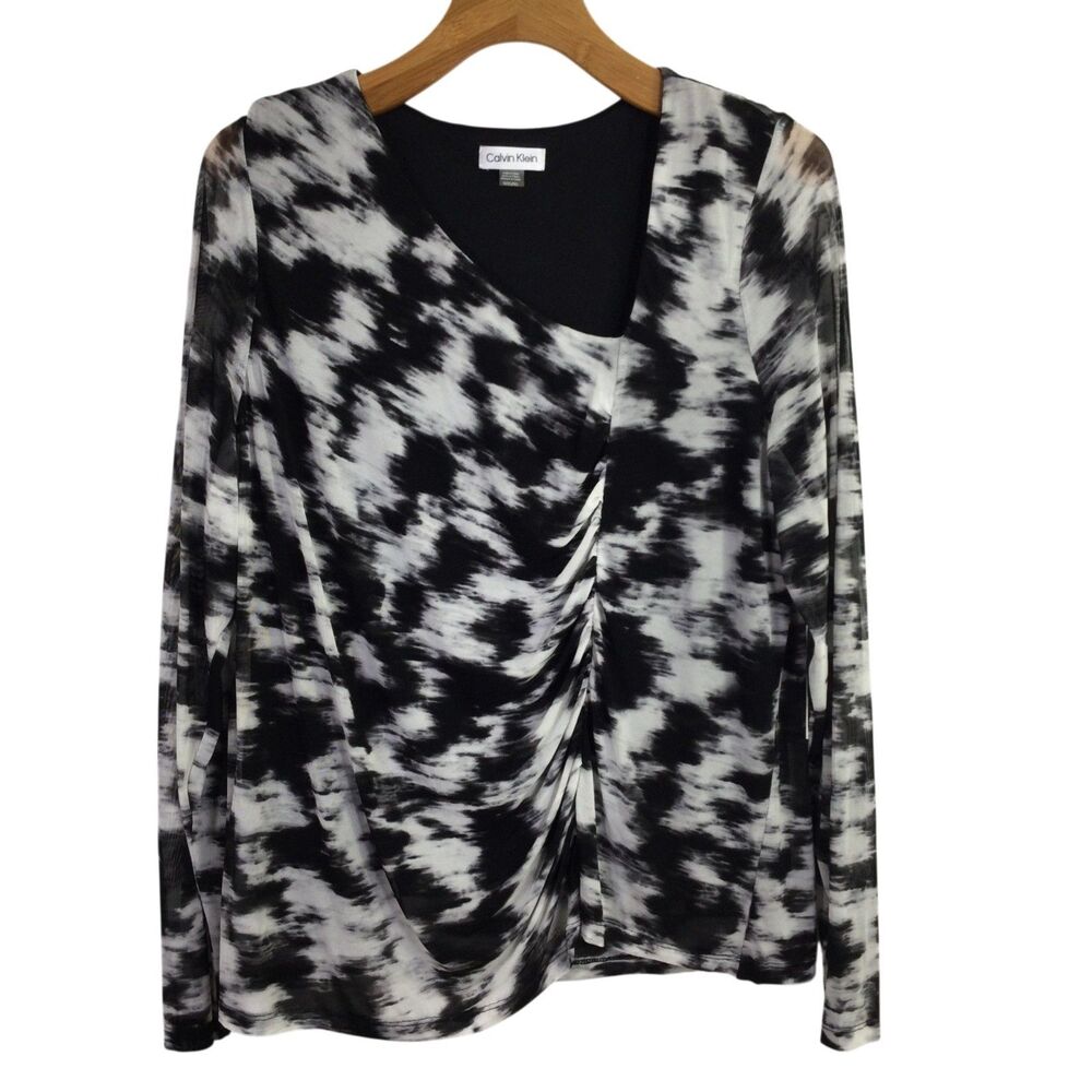 Calvin Klein Womens Floral Printed Asymmetric Ruched Top Cream Black Size 1X NWT